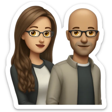 woman with long brown hair and bald man with glasses sticker