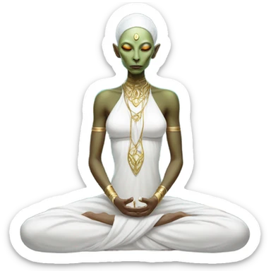 a Reptilian alien woman,in meditation, white dress like a priestess sticker