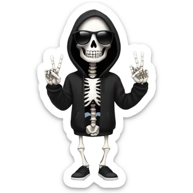 skeleton in a black sunglasses and black hoodie holding up the peace sign  sticker
