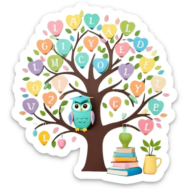 Create 10 minimalist cartoon-style Telegram emojis. Themes: learning, growth, creativity, children’s joy. Include: smiling book, number tree, heart-shaped paints, owl teacher. Colors: pastel with bright accents. No text or tiny details. Keep designs kind and motivational sticker