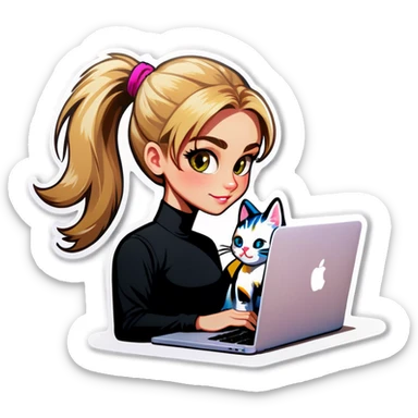Blonde girl ponytail macBook and a cat sticker