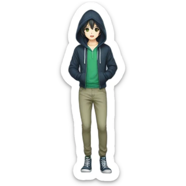 Joven estilo anime con capucha azul, ojos verdes, pantalones negros, cabello cafe  sticker