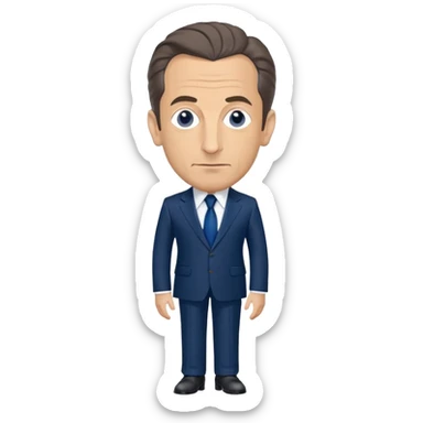 figure of Nicolas Sarkozy with an oversized head and small body, standing, wearing a navy suit and blue tie, highly recognizable face, simplified details sticker