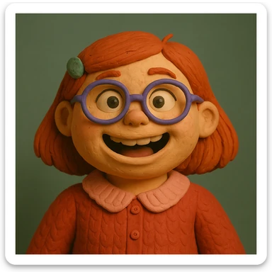 Transform the character Mei Mei from a red panda into a regular human girl, illustrated in the claymation style. Emphasize the matte, plasticine claymation look with visible fingerprints and pastel colors. sticker