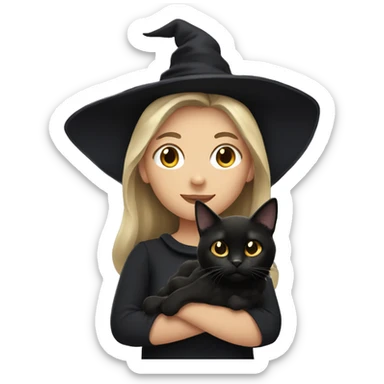 witch with dark blonde hair holding a black cat sticker