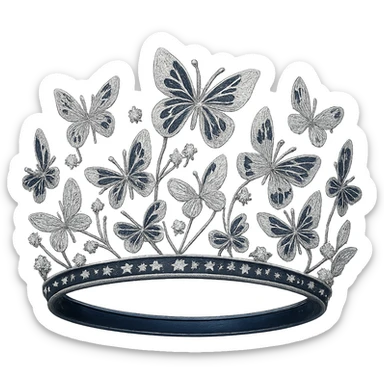 butterfly crown with a midnight blue base, butterflies in silver and navy enamel, sparkling gems, transparent background sticker