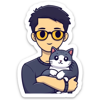 A young man with a long face and warm yellow-toned skin, black hair, wearing a pair of black glasses, cradling a grayish-white cat sticker