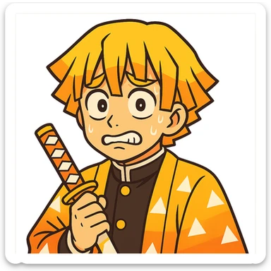 Zenitsu Agatsuma from Demon Slayer, vibrant anime style, yellow hair, orange gradient haori, nervous expression sticker