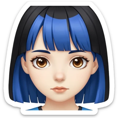 Pale girl with brown eyes, black hair with bangs, with two strips of blue hair sticker