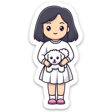 A beautiful girl with long straight black hair wearing a white skirt holding a small white Bichon Frise sticker