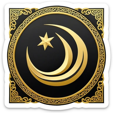 Golden patterned circle with vertical band on a black flag background. Include "Allahu Akbar" in Arabic script. ، like ths 🏴 sticker