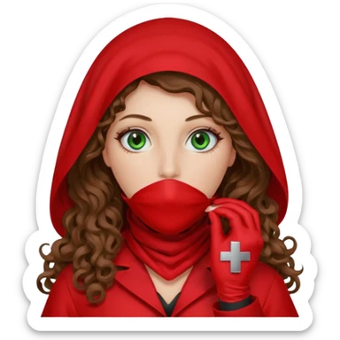 Lilith symbol sexy evil woman. She has green eyes.  had brown long curly hair.  evil surgeon kills with scalpel wears red sexy doctor coat with red mouth cover red gloves. Covers nose, neck  and mouth with Muslim red berka sticker