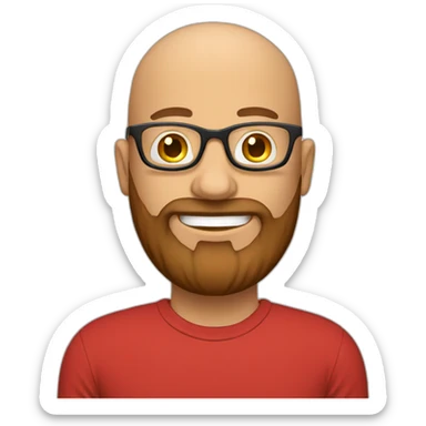 Bald man smiling with glasses and big brown beard with. Wearing red t shirt sticker