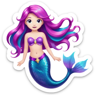 mermaid with long hair and a shiny pink, purple, and turquoise tail, glitter effect sticker