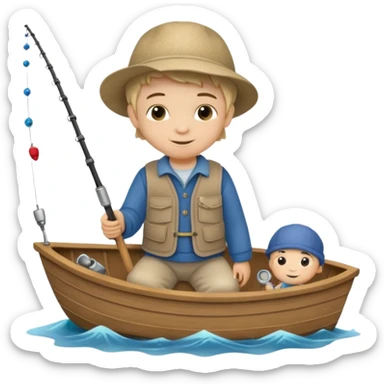 Little boy on a little boat fishing, felt texture, scrapbooking, precious moments style character sticker