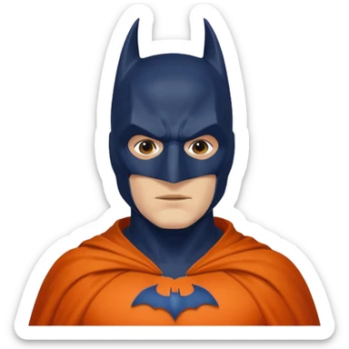 generate a batman emoji with just the face and neck showing and part of the cloak and and wings. Shade the mask in dark navy blue.  Shade the cloak in a solid vibrant orange. Shade the bat logo in a bright  olive green. sticker