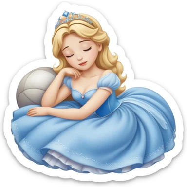 Cinematic Realistic Sleeping Cinderella Portrait, portrayed with exceptional realism: her luminous porcelain skin and exquisitely detailed golden-blonde hair lie softly under the gentle caress of natural light. Her eyes are peacefully closed in a serene, dreamlike slumber, and every fold and shimmer of her iconic ball gown is rendered with painstaking detail. The overall composition radiates a quiet, enchanting glow that encapsulates the timeless, restful beauty of a princess lost in a gentle, magical dream. sticker