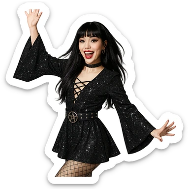 gothic K-pop girl, retro disco style, sparkly black gothic outfit, fun pose, energetic expression sticker