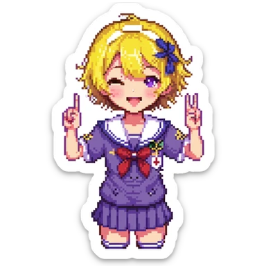Pixel art anime girl with short bright yellow hair wearing Japanese sailor style school uniform, making victory peace signs with both hands, winking happily with excited expression sticker