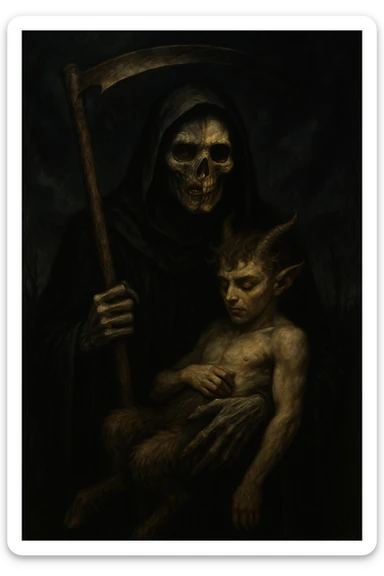Grim reaper holding a faun, face divided between skeleton and zombie, dark, haunting, and supernatural mood, dramatic and eerie style. sticker