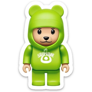 bearbrick toy wearing a lime green balaclava with a Supreme logo print sticker
