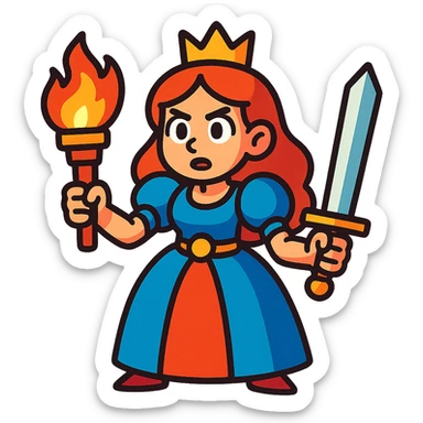 princess with torch and sword, vibrant toon style sticker