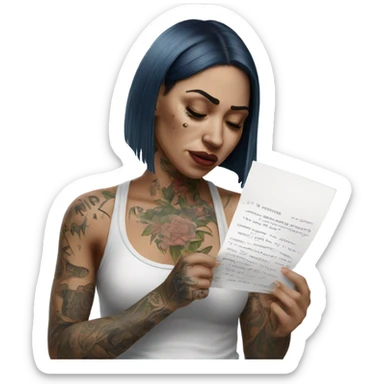 Hyper Realistic Beautiful tattooed woman crying holding a letter  sticker