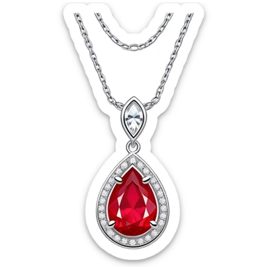teardrop ruby pendant with a silver chain and shimmering white stones, glowing fiery red sticker