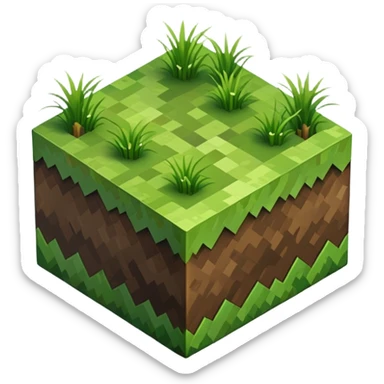 Minecraft grass block, square shape, brown and green, smooth, isometric sticker