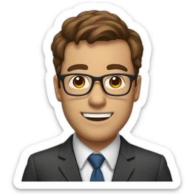Teacher with brown hair wearing glasses and tie and big teeth sticker