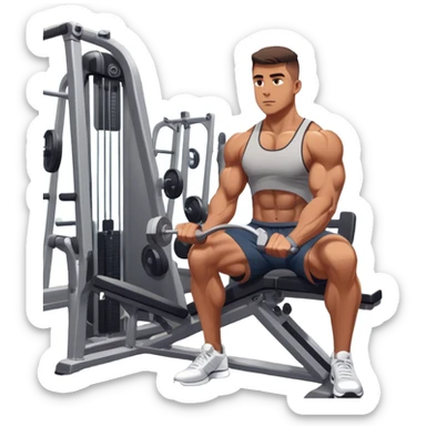 A focused athlete working out on a strength training machine in a modern gym. Muscles engaged, expression determined, demonstrating power and endurance. The gym is filled with equipment like dumbbells, barbells, and mirrors reflecting effort, creating a high-energy atmosphere. sticker