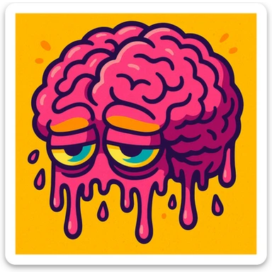 melting brain with tired eyes, vibrant exaggerated cartoon style, symbolizing brainrot from too much screen time sticker