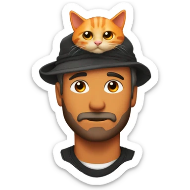 Stubble rugged man with orange and black cat laying on his head sticker