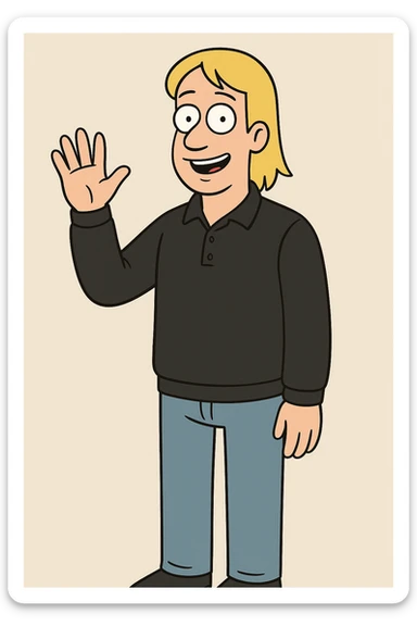 A man straight hair yellow hair Long Sleeve Pique Polo Shirt black lights blue jeans a hand say hello sticker