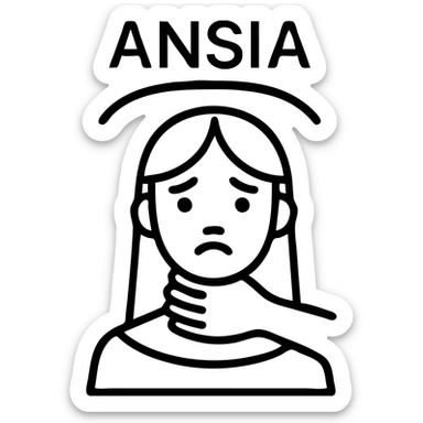 Stylized woman in black and white with a worried face, a black hand gripping her neck, text 'ANSIA' above the head, oppressive atmosphere, similar style to the reference, variant 2. sticker