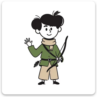 detailed hand drawn doodle of Robin Hood with classic medieval outfit and bow sticker