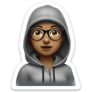 a girl with big eyes and black glasses with a Oakley hat in a grey hoodie  sticker