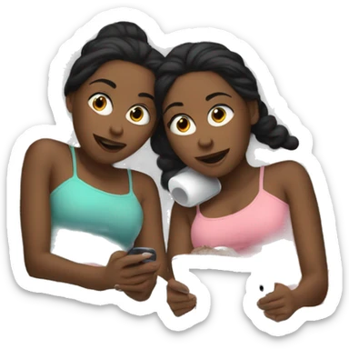 2 girls laying in bed playing with phones  sticker