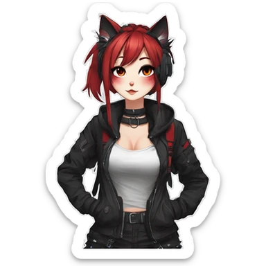 Gorgeous gothic dark techwear anime style anthro cat with blushing face aesthetic and pretty edgy black red punk messy ponytail hair with collar and harness trending style sticker
