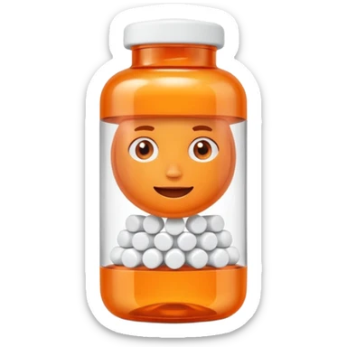 A 3D cartoon medicine bottle with orange transparent body and white cap, filled with pills, soft studio lighting, realistic Memoji-style. sticker