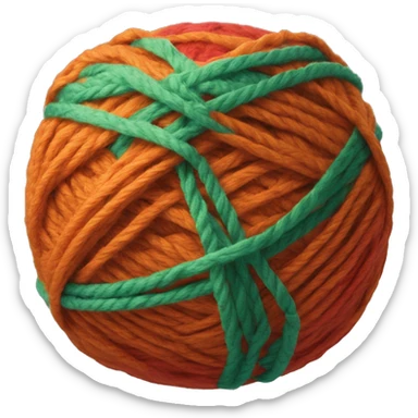 A ball of yarn with the thread colors green (#0DC09D), orange (#F18046 ), blue (#FA6863 ) and red (#3D95FD sticker