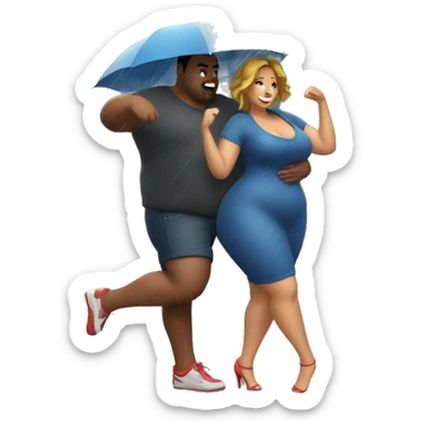 Curvy girl with chubby husband dancing in rain  sticker