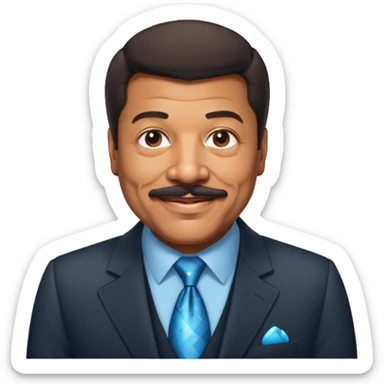 Neil deGrasse Tyson, astrophysicist with a mustache, wearing a suit, smiling sticker