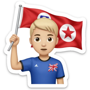 A pony tail hair boy holding a big team flag, waving it proudly with a determined expression. sticker