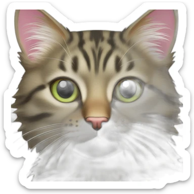 cat Tabby (Mainly black and brown) fluffy cat pink-nose light-green-eyes,-white-long-whiskers,-white-spots-near-the-nose,Sharp with distinct lines,Whiskers Very long sticker