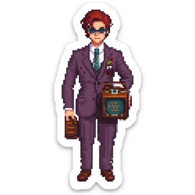 Alastor from Hazbin Hotel in pixel art style, focusing on vintage radio aesthetic and sharp suit, no text sticker