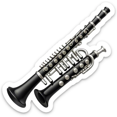 Create an elegant and detailed emoji representing a clarinet. The design should feature the sleek, black wood finish of the clarinet with its shiny metal keys clearly visible. Highlight the intricate details, such as the bell at the end and the carefully crafted mouthpiece with the reed. Use black wood tones for the body of the instrument and silver or brass accents for the keys. Add subtle musical notes or soundwaves floating around the instrument to evoke the smooth, melodic sound of the clarinet. The background should be transparent. sticker