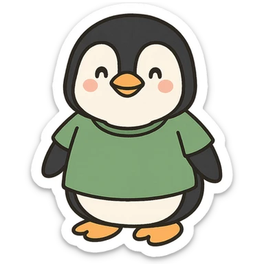 smiling penguin wearing a green t-shirt, simple and cute sticker