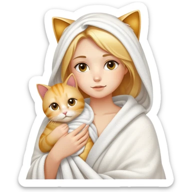 Fair skin - beautiful girl - just finished taking a shower - wrapped in a white blanket holding a golden gradient cat sticker