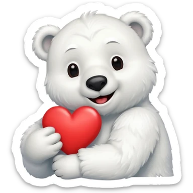Create a goofy polar bear mascot , holding a large red heart sticker
